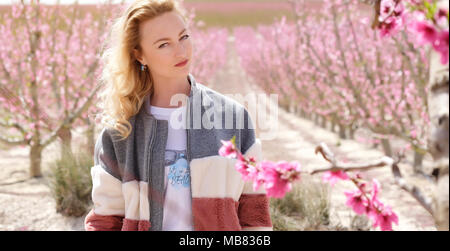 Beautiful woman in a grove of fruit trees in Cieza in the Murcia region. Peach, plum and nectarine trees. Spain Stock Photo