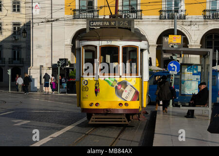 Lisbon. Portugal. January 23, 2018.  Old yellow tram on Lisbon streets Stock Photo
