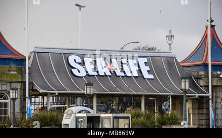 Brighton, United Kingdom - March 28 2018:   The sign above the entrance to the Sea Life centre in Marine Parade Stock Photo