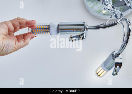 Hand of electrician is screwing LED corn lamp into lamp holder of ceiling light. Stock Photo