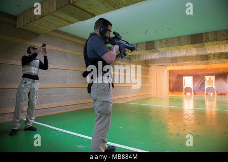 U.S. members of the Supreme Allied Commander Europe (SACEUR) Security Detachment record their first shots with the Heckler and Koch G36K A4 rifle, on Chièvres Air Base, Belgium, Jan. 24, 2018. (U.S. Army Stock Photo