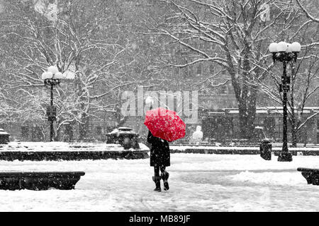 Woman with red umbrella walking through black and white landscape during nor’easter snow storm in Washington Square Park, New York City Stock Photo