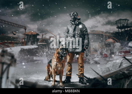 Stalker soldier in gas mask and dog against ruined buildings, radioactive zone, post apocalyptic world. Post-apocalypse lifestyle on ruins, doomsday,  Stock Photo