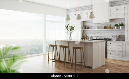 Modern kitchen with parquet and grey fornitures, 3d render illustration Stock Photo