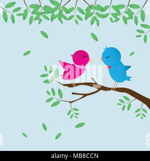 Cute Birds couple sweet on tree branch with blue background. Vector illustration. Stock Vector