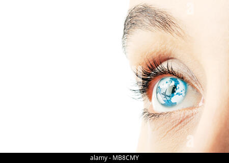 Close up of woman's eyes with world map superimposed Stock Photo