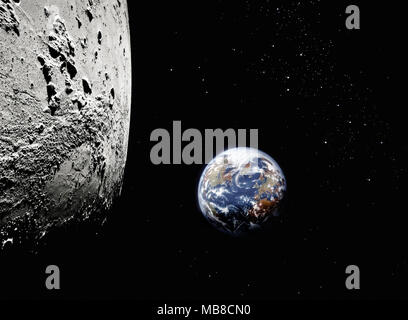 Planet earth from space with surface of the moon in foreground, North America and Europe visible Stock Photo
