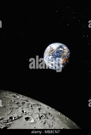 Planet earth from space with surface of the moon in foreground, North America and Europe visible Stock Photo