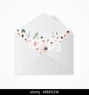 Flowers in envelope on the white background. Opened envelope with flowers. Stock Vector