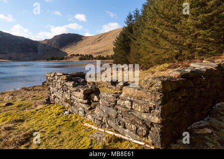 The summit of Clogwyn Bwlch Y Maen can be seen on the other side of Llyn Diwaunydd; The remains of an old boathouse can be seen in the foreground Stock Photo