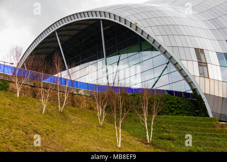 Newcastle, England - March 7, 2018: View of a section of the Sage Gateshead. This modern building is an international  home for music. Stock Photo