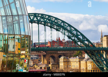 Newcastle, England - March 7, 2018: View of a section of the Sage Gateshead, Tyne Bridge and Newcastle Skyline. It is an international home for music Stock Photo