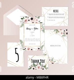 Vector set of vintage floral wedding invitation templates - card response, save the date, thank you, table number, label and envelope Stock Vector