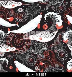 Seamless sea pattern with beautiful whales on a black background Stock Vector