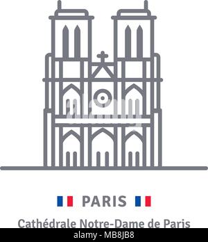 Paris line icon. Notre-Dame cathedral and flag vector illustration. Stock Vector