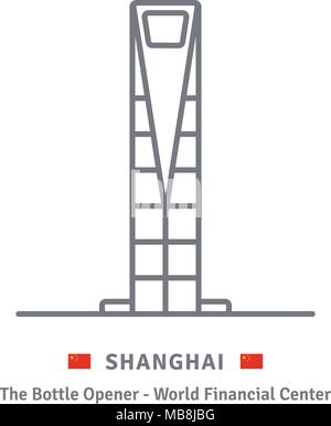 Shanghai line icon. The Bottle Opener skyscraper and Chinese flag vector illustration. Stock Vector