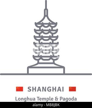 China line icon. Longhua Temple and Pagoda at Shanghai and Chinese flag vector illustration. Stock Vector