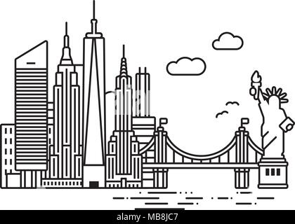 Line Icon style New York City skyline vector illustration Stock Vector