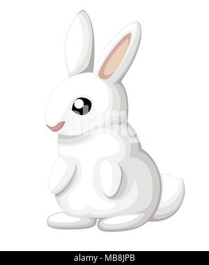 Cute bunny. Cartoon style design. White rabbit sits on two paws. Vector illustration isolated on white background. Web site page and mobile app design Stock Vector