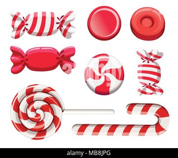 Set of red sweetmeats. Hard candy, candy cane, lollipop. Candys in wrapper. Vector illustration isolated on white background. Web site page and mobile Stock Vector