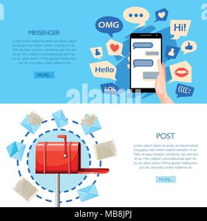 Most common used acronyms and abbreviations. Red mailbox. Messenger concept. Vector illustration on white and blue background. Web site page and mobil Stock Vector