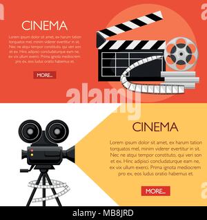 Retro movie clapboard and projector poster. Cartoon vector illustration. Cinema concept. Clapper with film reels. Vector illustration on red backgroun Stock Vector