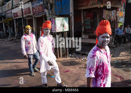 Celebrating Holi, a Hindu festival celebrating spring and love with colours. Photographed in Varanasi Uttar Pradesh, India Stock Photo