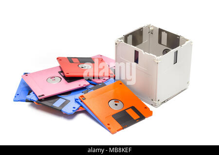 recycle floppy disk, Creative objects used for obsolete furniture. - Developed a color pencil box, concept recycle floppy disk, isolate white backgrou Stock Photo