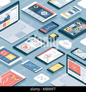 Network of computers and touch screen smart devices connecting online: mobile apps, technology and connections Stock Vector