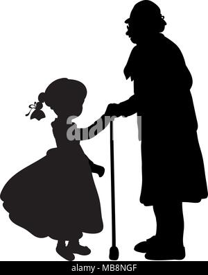 Silhouette girl cares helps grandmother Stock Vector