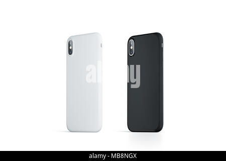 Blank black and white phone case mock up, stand right side isolated, 3d rendering. Empty smartphone side view cover mockup ready for pattern print presentation. Cellphone protector cover concept. Stock Photo