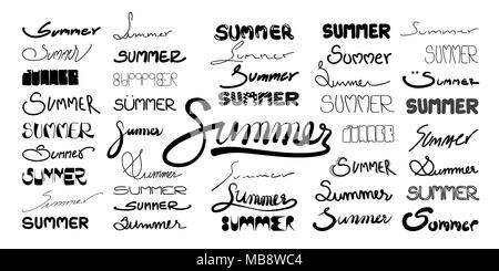 Set of hand lettered text 'Summer' in 42 styles. Vector illustration calligraphy design for background or banner. Stock Vector