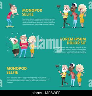 Poster of people taking selfie with monopod Stock Vector