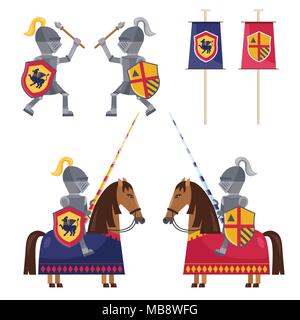 Set of medieval knights and banner Stock Vector