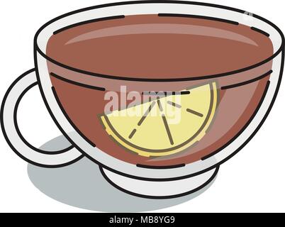 Thin line icon of burning black tea cup with slice of lemon Stock Vector