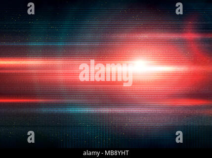 Abstract illustration of glitched screen signal error. Conceptual background with binary code and big light red flare. Stock Photo