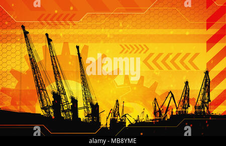 2d industrial illustration of under construction background with port loads cranes. Caution warning tape. Concept illustration of work process. Stock Photo
