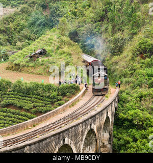 Square view of a train crossing over the Nine Arches Bridge near Ella, Sri Lanka. Stock Photo