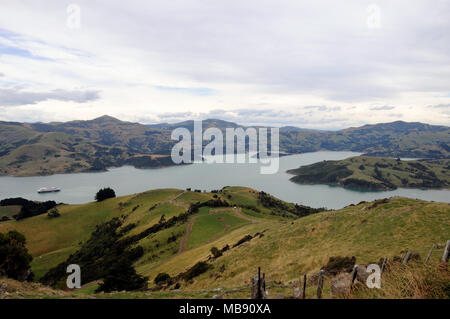View down to a cruise ship anchored on the appraoch to the small town Akaroa on the Banks Peninsula near Christchurch New Zealand. Stock Photo