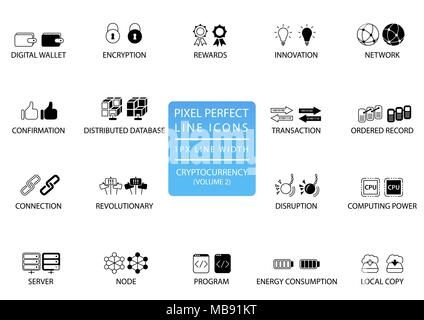 Cryptocurrency (bitcoin, ethereum) thin line vector icon set. Pixel perfect icons with 1 px line width for optimal app and web usage Stock Vector