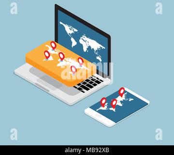 illustration of map and red pin location on laptop and smartphone vector isometric Stock Vector