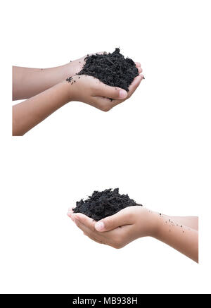 hand holding black soil isolated on white background, collection or set of hand support soil for easy selection and using for web or graphic design an Stock Photo