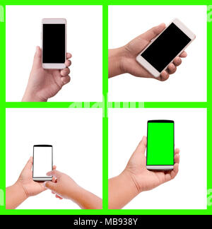 isolated set of hand holding smart phone with green and white and black screen, easy selection of collection hand support smart device on green backgr Stock Photo