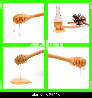 collection of honey dipper and drop of honey multiple action, set of honey and honey dipper, bottle, pine cone isolated object on white background and Stock Photo