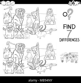 Black and White Cartoon Illustration of Finding Seven Differences Between Pictures Educational Activity Game for Children with Purebred Dogs Animals C Stock Vector