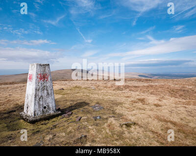 View from the trig pillar on Fan Nedd summit to Fan Gyhirych and the distant Carmarthen Fans, Fforest Fawr, Brecon Beacons National Park, UK Stock Photo