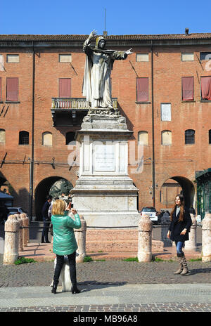 Ferrara, Italy. The statue of Girolamo Savonarola. He was born in Ferrara in 1452. Stock Photo