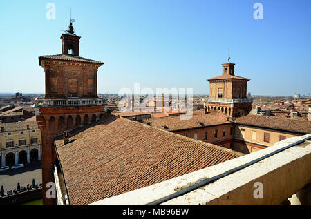 Ferrara, Italy. The Castello Estense (‘Este castle’) or castello di San Michele (‘St. Michael's castle’) is a moated medieval castle in the center of Ferrara, northern Italy. It consists of a large block with four corner towers. Stock Photo