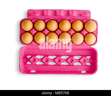 Dozen eggs in pink recycled paper carton box viewed from above and isolated on white Stock Photo