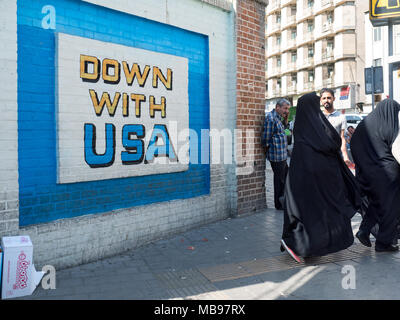Tehran, Iran - July 16, 2016 : propaganda mural against USA on the wall of former US embassy Stock Photo